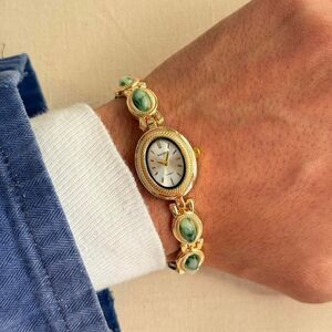 y2k cute gold round stainless steel quartz green stone charm watch